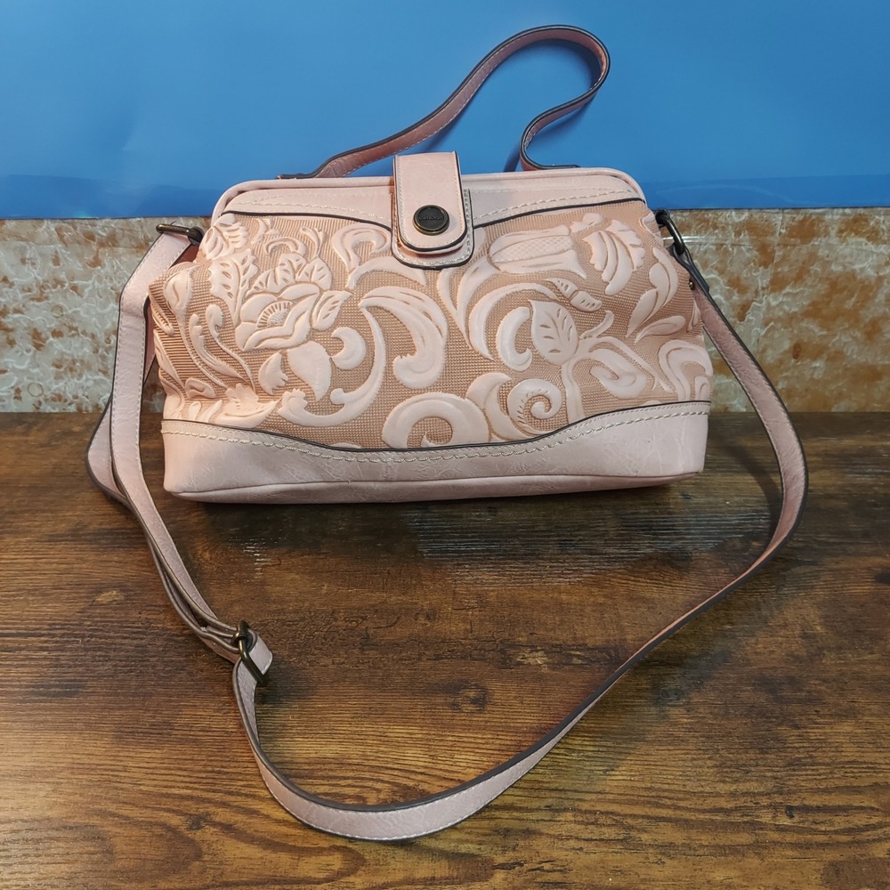 Concept Blush Pink Embossed Floral Doctor Bag Satchel Crossbody Handbag Purse